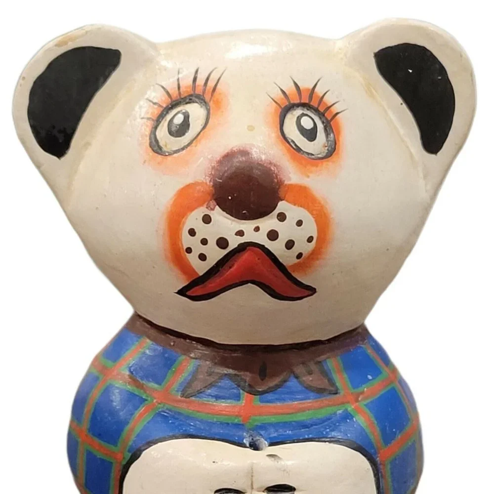 Artisan Folk Art Bear Hand Carved & Painted Wood with Flowers White Plaid Teddy - Picture 3 of 8